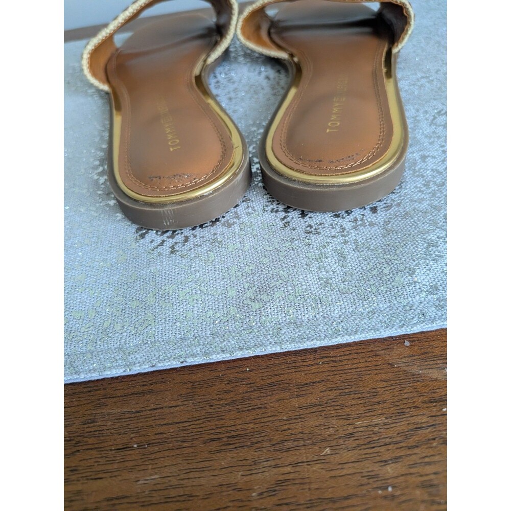 TOMMY HILFIGER Sandals Women 10 Pezley Tan Brown Logo Slides M Burlap Gold Vacay - Picture 3 of 7